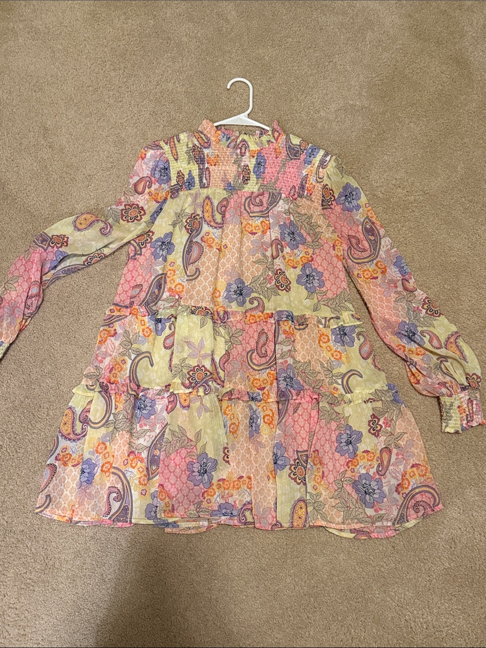Women’s boho  Paisley Tiered Dress - Pink & Yellow